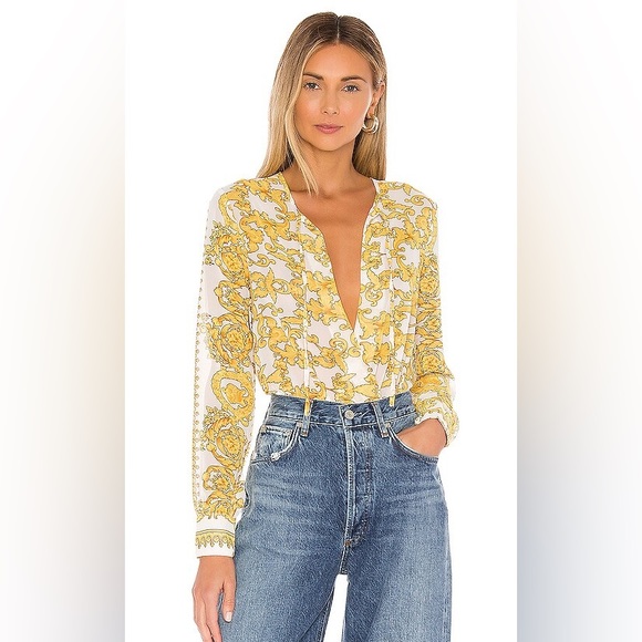 REVOLVE Tops - Superdown yellow and white bodysuit with bow